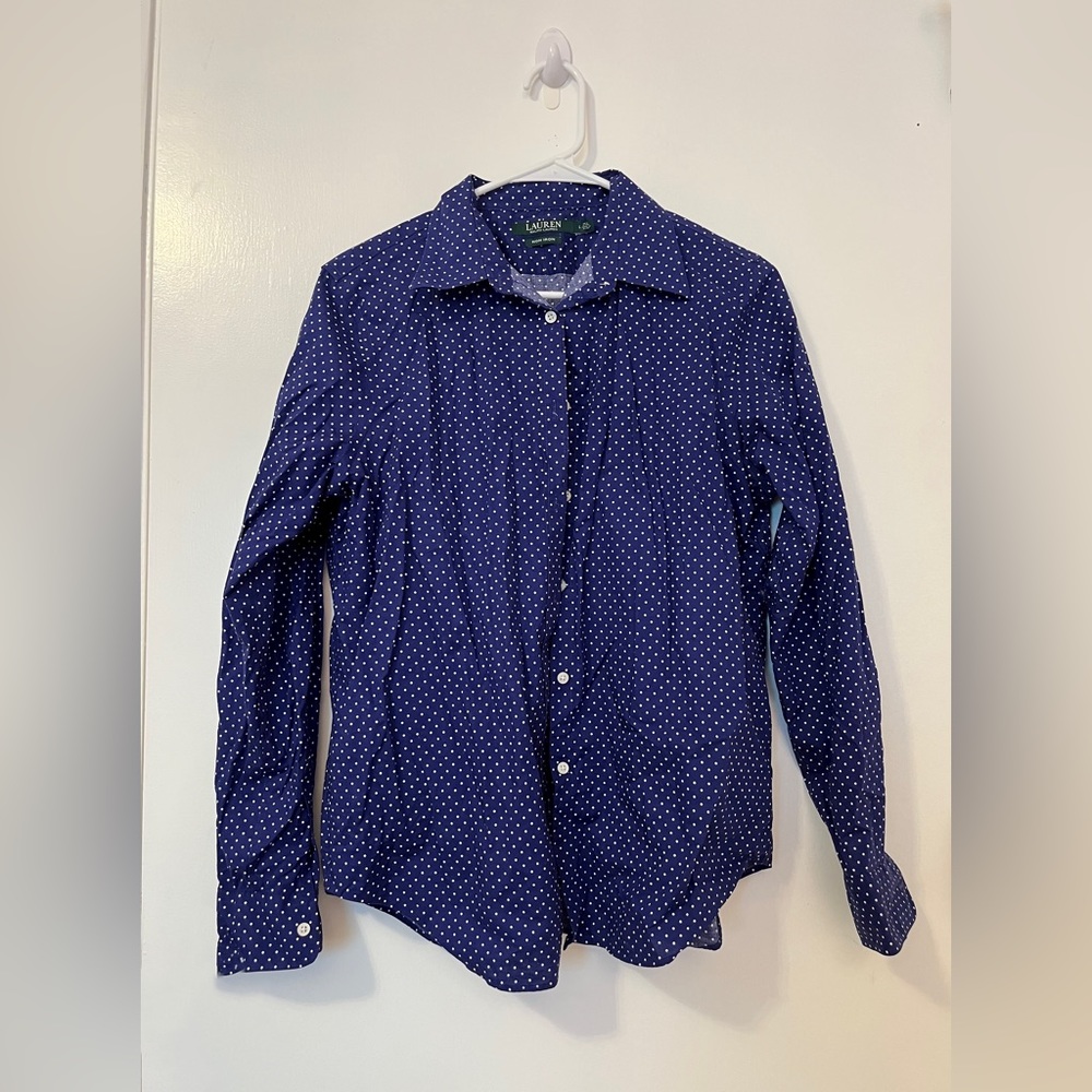 Lauren Ralph Lauren - Blue and White Polka Dot Button Down Stretch Non-Iron